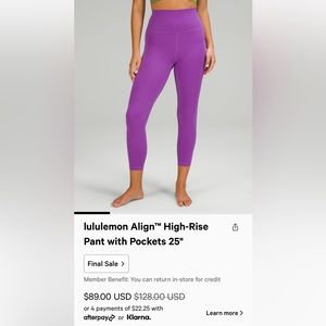 Lululemon Align High Rise Pant Tight with Pockets  25" Moonlit Magenta Sz 8 NWT